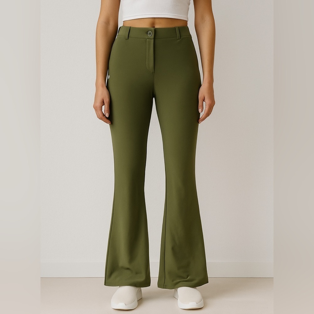 Amazon Branded Women's Green High Waisted Pull On Flare Leg Casual Pants